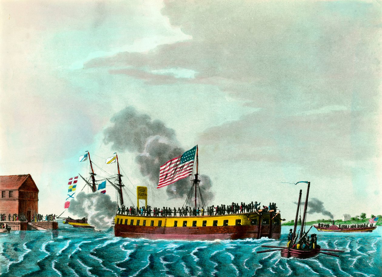 Fulton Steam Fregate "Manövrering i hamnen i New York i USA"" Gravyr runt 1807 privatsamling av Unknown artist