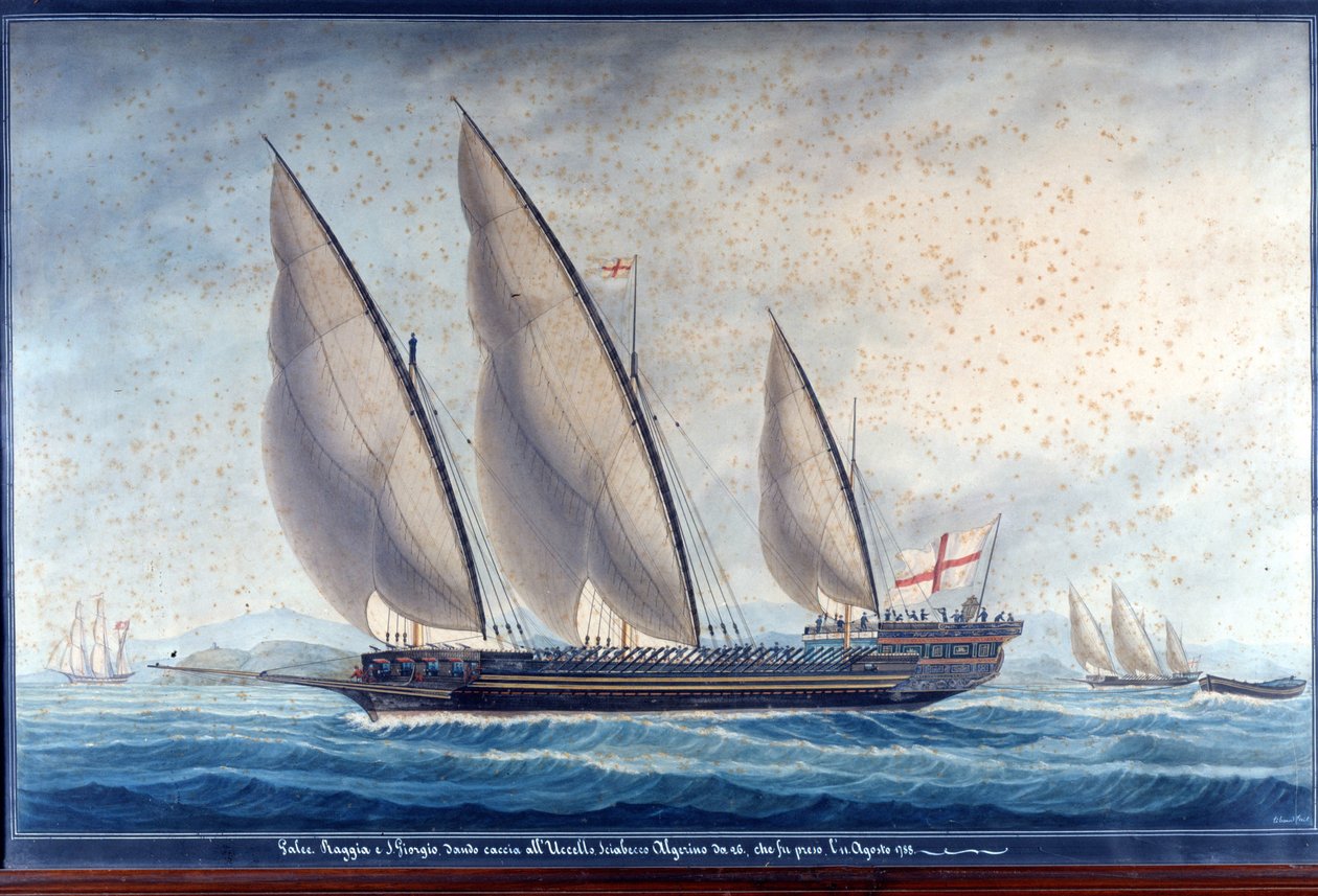 Genuas galärer Raggia och San Giorgio förföljer den algeriska chebecen Uccello. 11 augusti 1788. Måla av Unknown artist