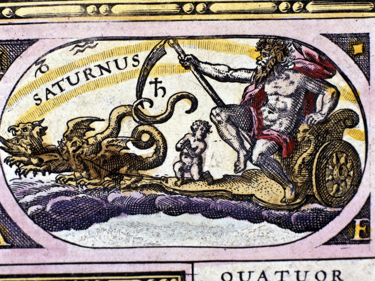 Guden Saturnus (Cronos) på en tank som dras av två drakar. av Unknown artist