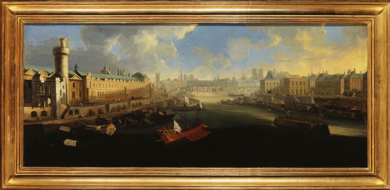 Louvrens Grande Galerie, med Porte Neuve, Pont-Neuf, Cité, Collège des Quatres-Nations under uppförande och Quai Malaquais, ca 1665, mellan 1665 och 1670 (olja på duk) av Unknown artist