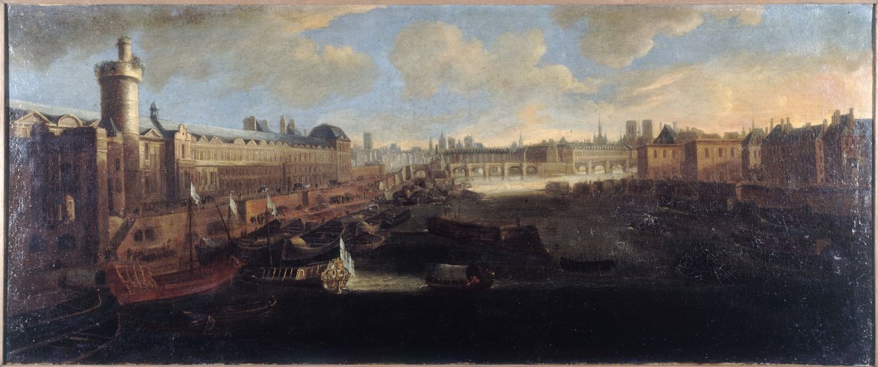 Louvrens Grande Galerie, med Porte Neuve, Pont-Neuf, Cité, Collège des Quatres-Nations under uppförande och Quai Malaquais, cirka 1665, vid Seine den kungliga galären, nuvarande 1:a och 6:e arrondissementen, mellan 1660 och av Unknown artist