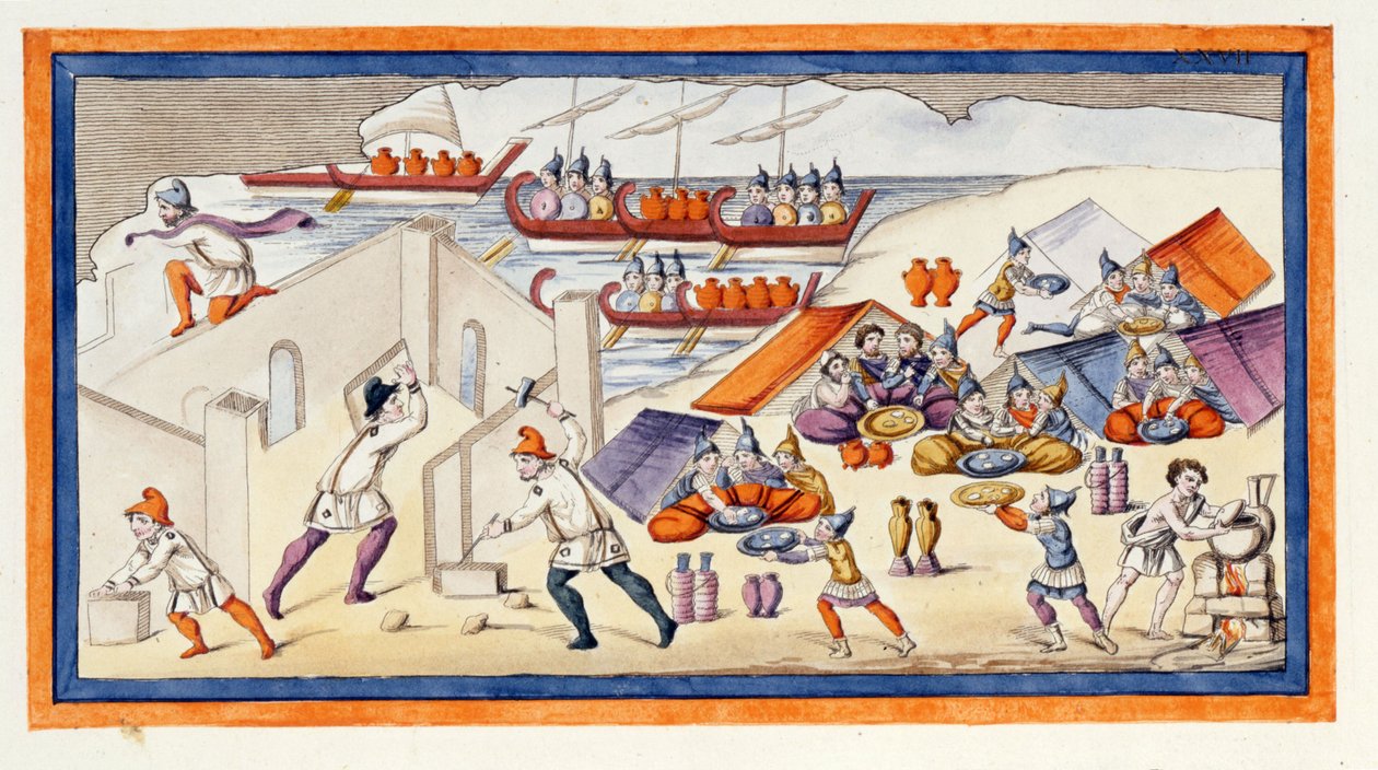 Grekerna började gräva ett bålverk för att skydda sina baracker och skepp. Iliaden. Sång VII. Gravyr från slutet av 1700-talet. av Unknown artist