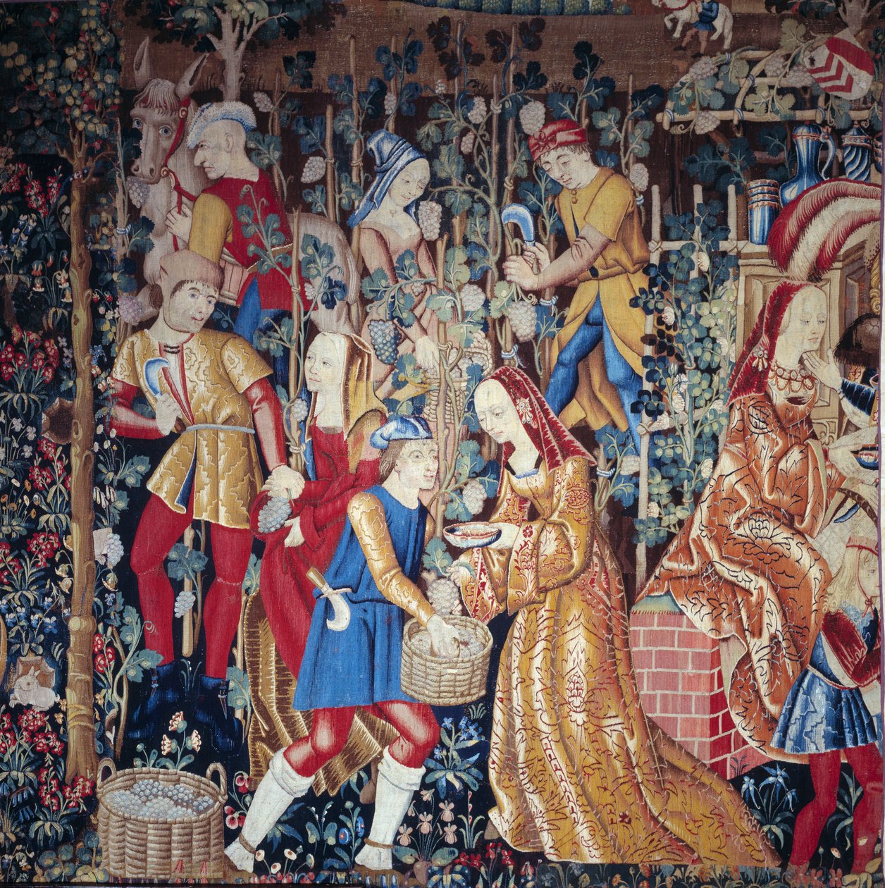 The Harvest Peasants pressar druvor. Detalj. Gobeläng av ull och siden. Början av 1500-talet. Paris, Nationalmuseet för medeltiden, Thermes de Cluny av Unknown artist