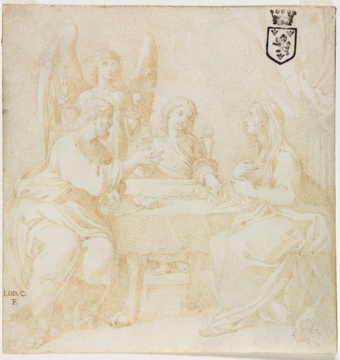 Den heliga familjen vid bordet serveras av en ängel av Unknown artist