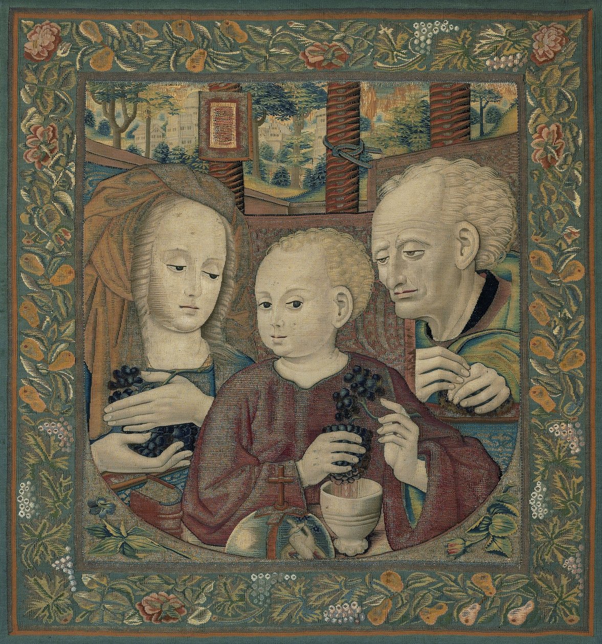 Den heliga familjen med Kristusbarnet som pressar eukaristins vin av Unknown artist