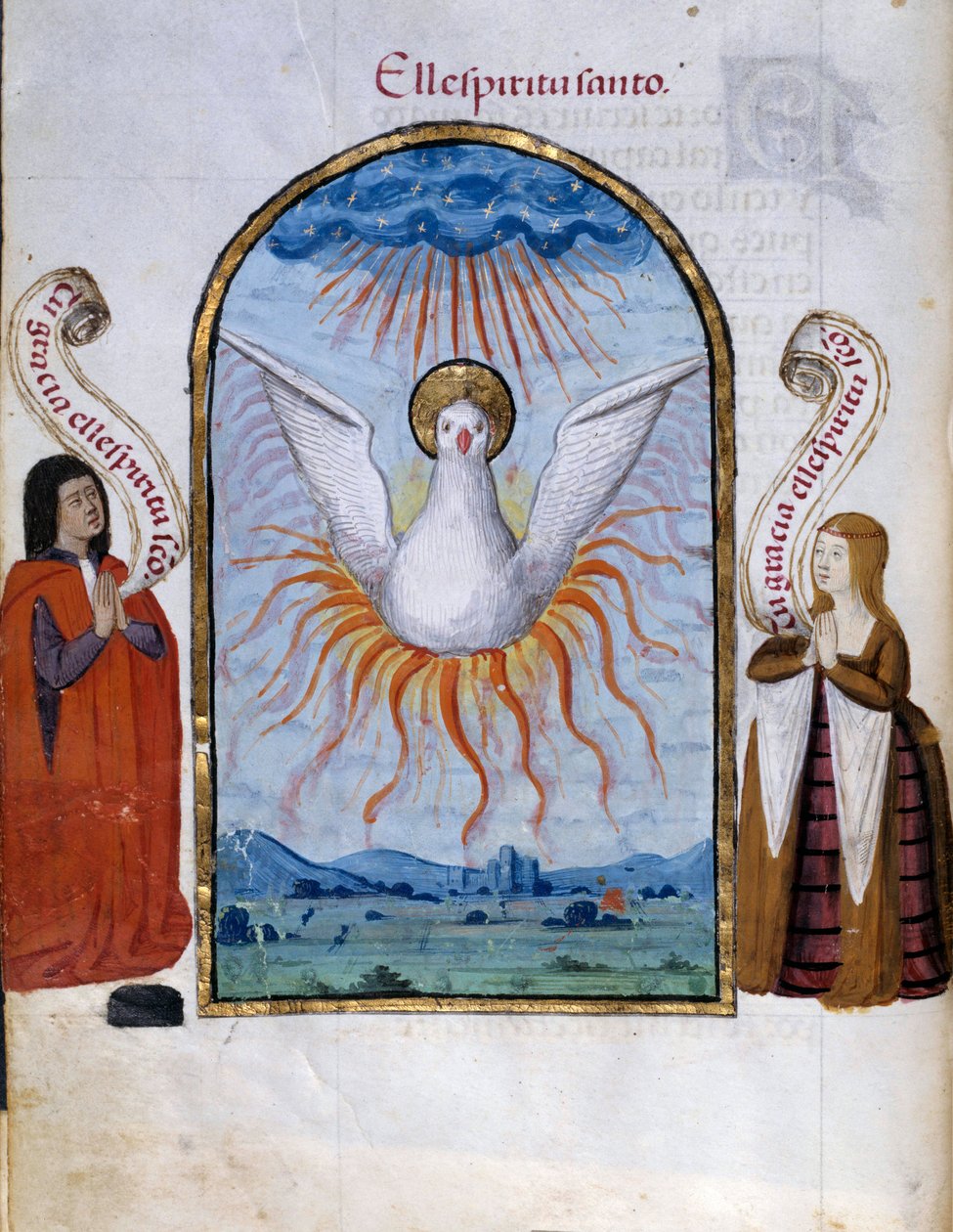 Den Helige Andes manuskriptsida hämtad från "" Collection of Devotion of Queen Joan the Folle (1479-1555) of Spain"" av Pedro Marcuello ("" Devotion of Queen Da Juana Whom They Called the Madwoman") 1400-talets sön . ... 0,21x0,14 m Chantilly, Museumskond av Unknown artist