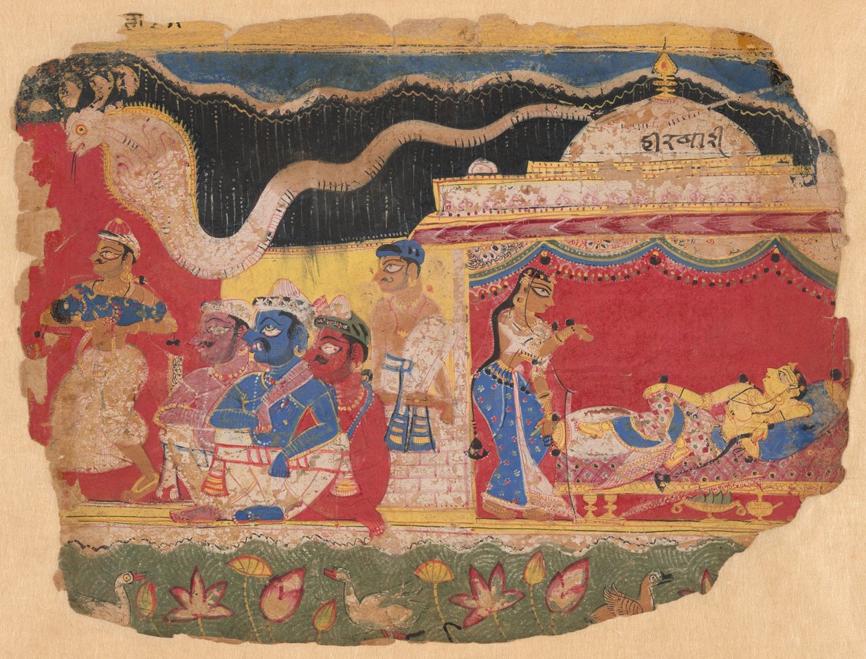 Spädbarnet Krishna bortförd av Vasudev, från en kopia av den utspridda Bhagavat Purana av Unknown artist
