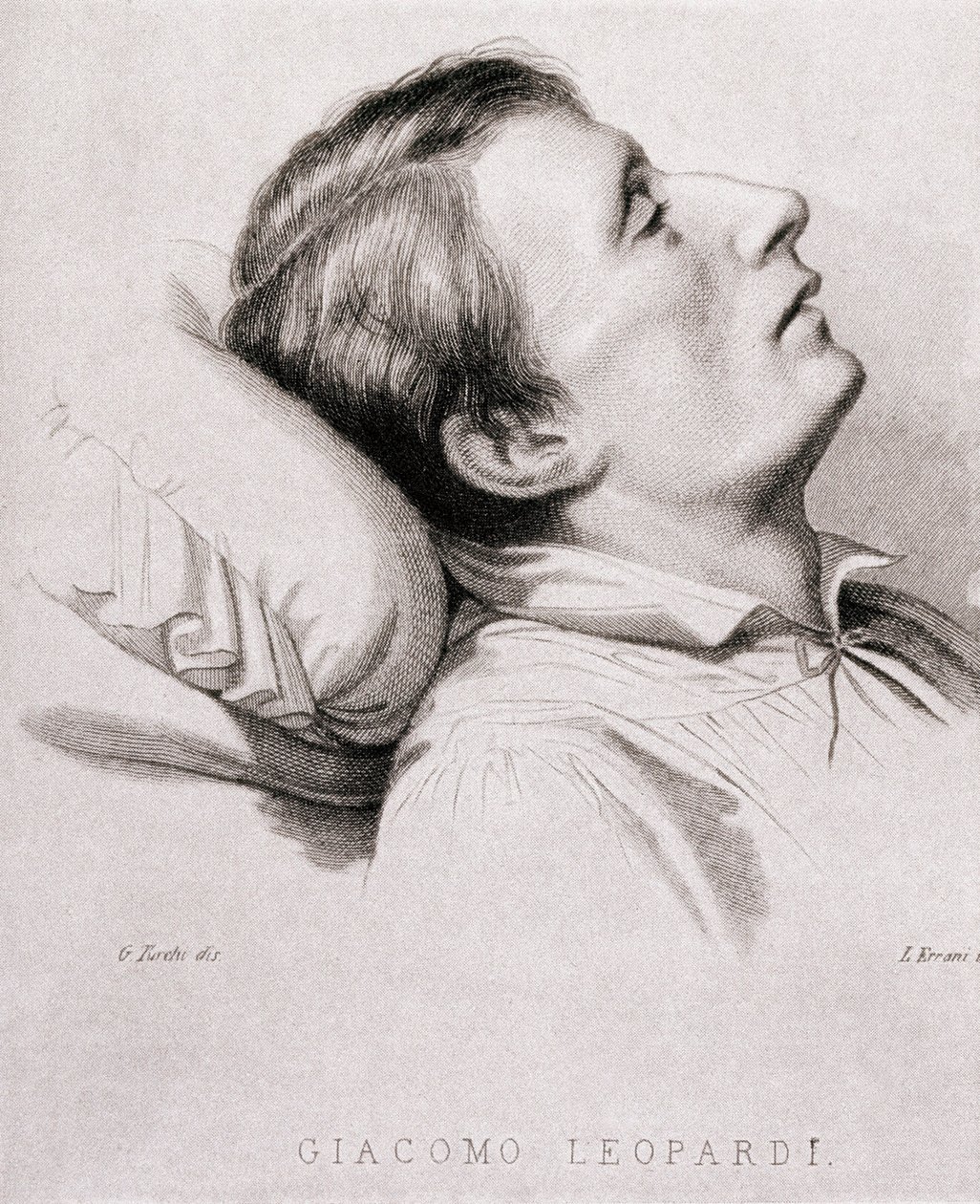 Den italienske poeten Giacomo Leopardi (1798-1837) på sin dödsbädd. Gravyr av 1800-talet av Unknown artist