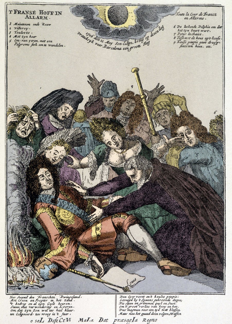 Kungen svimmade och hovmännen omringade honom, sörjde: hån mot Ludvig XIV:s slag i Nederländerna och Italien 1706 av Unknown artist