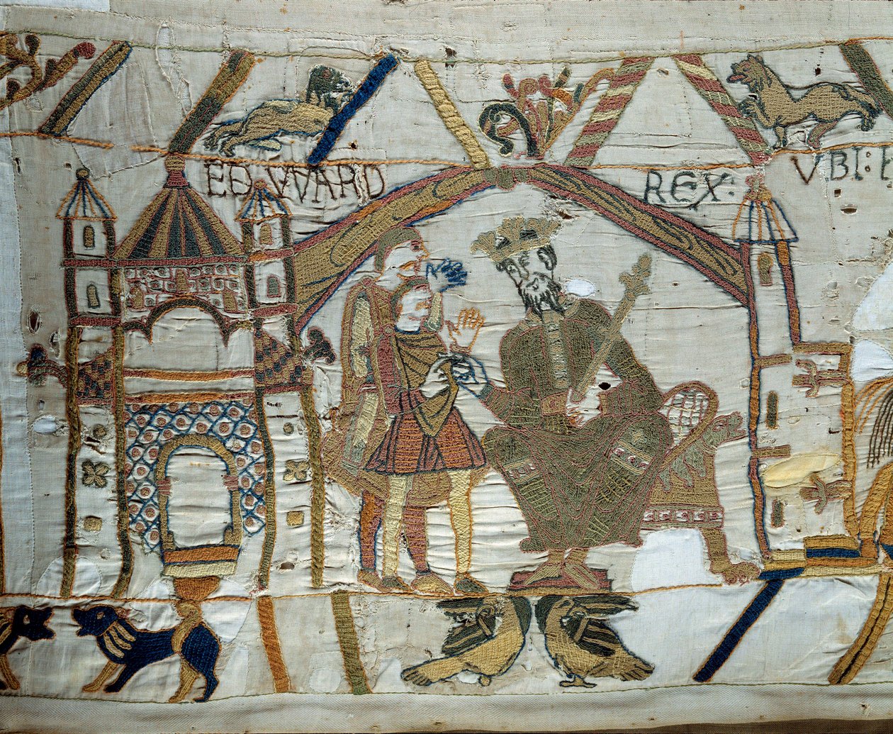 Kungen av England Edward the Confessor instruerar Harold att gå och bekräfta för hertigen av Normandie Vilhelm Erövraren (1027-1087) att han kommer att bli hans efterträdare till Englands tron. Detail of the Tapestry of Bayeux eller Brodery of Queen Mathil av Unknown artist