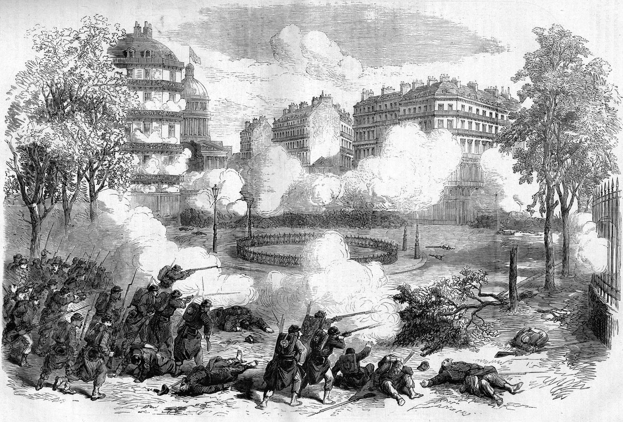 Pariskommunen 1871. Attack av barrikaderna av federes (communards) framför Pantheon av general de Cisseys armékår den 24 maj 1871, i början av den blodiga veckan (22 - 28 maj 1871). av Unknown artist