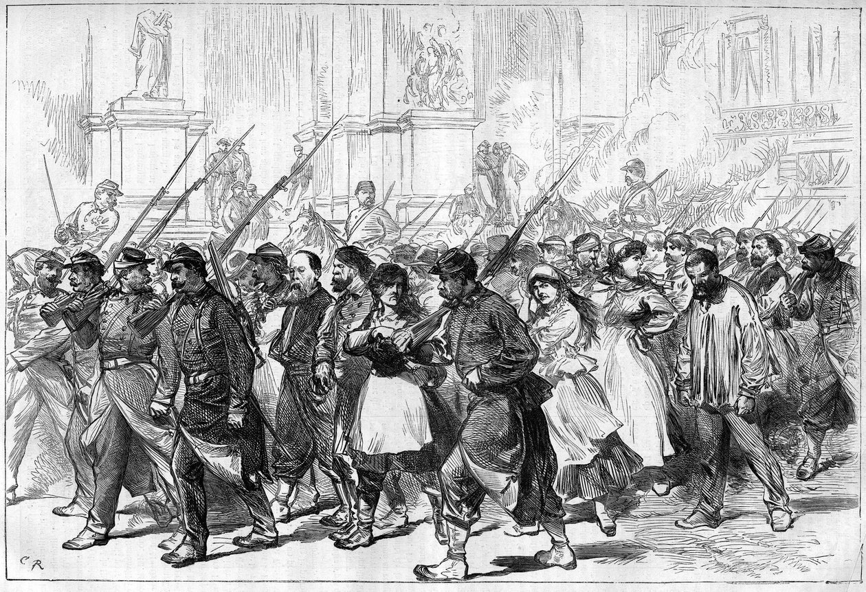Pariskommunen 1871. Convoy of Federes (communards) tillfångatagen och passerade Place de l
