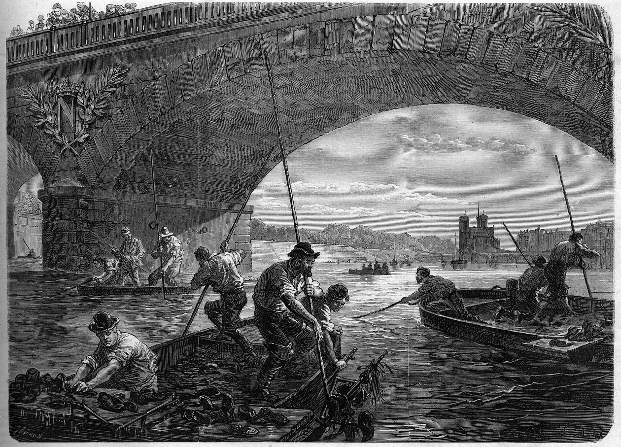 Pariskommunen 1871. Fiske efter vapen som kastades i Seine under Austerlitzbron av Federes (communards) vid tiden för den slutliga debatten i kommunen. av Unknown artist