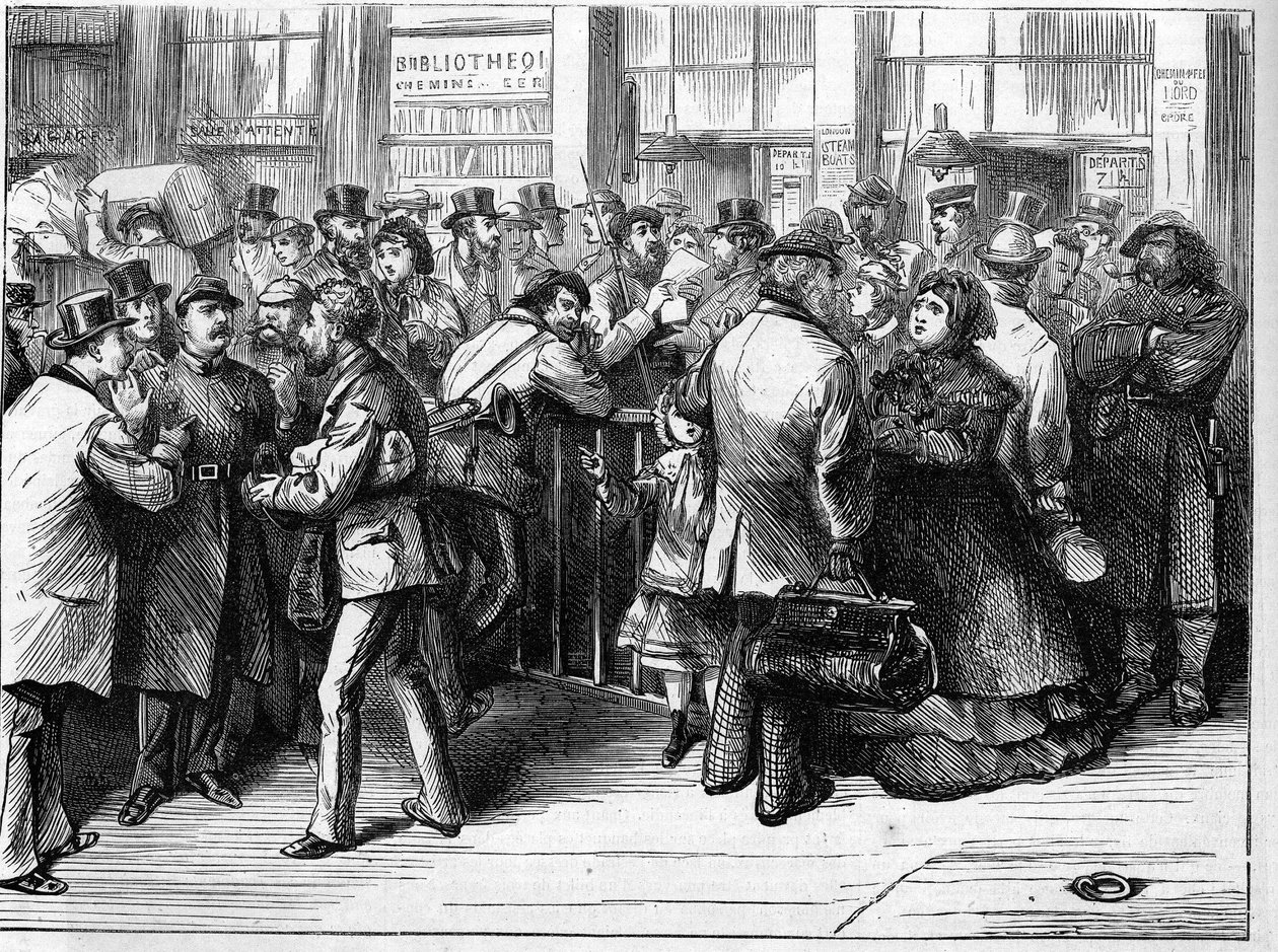 Pariskommunen 1871. Passkontroll av federes (communards) av personer som lämnar Paris med järnvägarna i norr. av Unknown artist