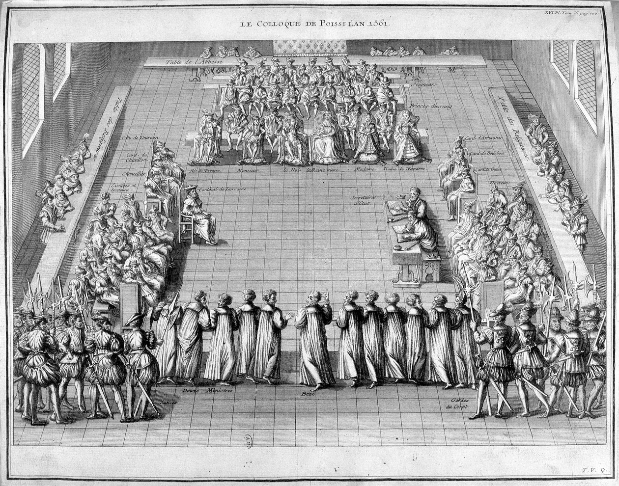 Poissi Colloquium (Poissy) 1561. I centrum kungen av Frankrike Karl IX (1550-1574) och drottningmodern Catherine de Medicis (Caterina de Medici) (1519-1589). av Unknown artist