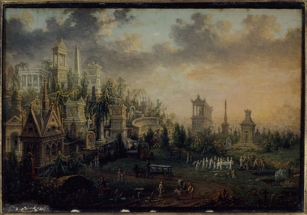 Père-Lachaise-kyrkogården, nu i 20:e arrondissementet, år 1835 (målning) av Unknown artist