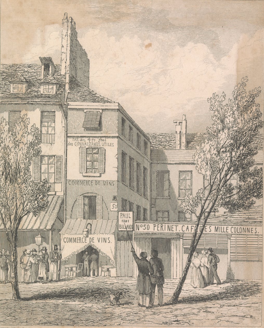 Jeschis residens i Boulevard du Temple, från en ritning gjord på plats. Fönstret täckt med en persienn är den varifrån den dödliga motorn var [Dissil?]; sida 2 (volym två) av Unknown artist