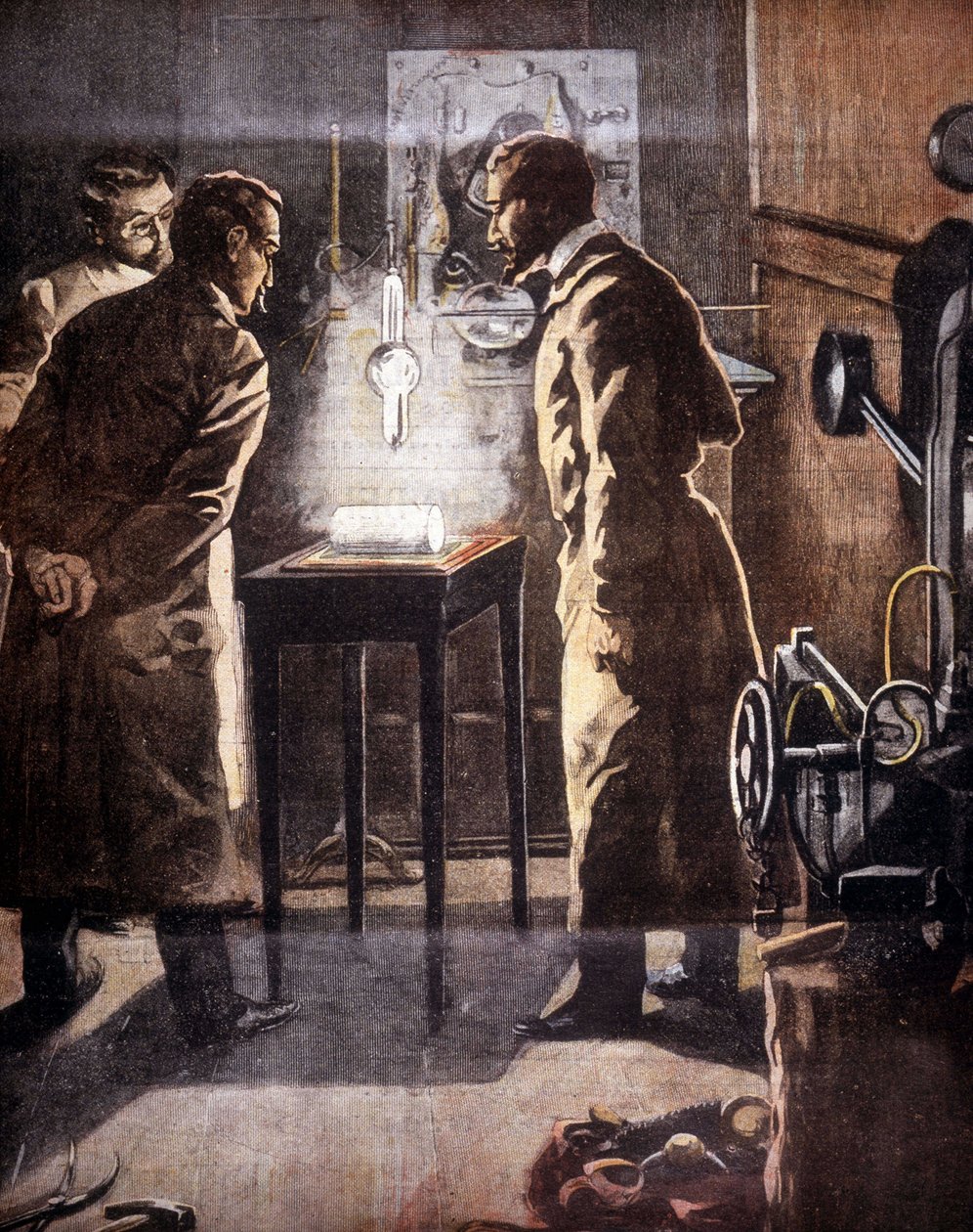 Röntgen (Rontgen) eller röntgenstrålar. Upptäckt 1895. Illustration som representerar experimentet. av Unknown artist