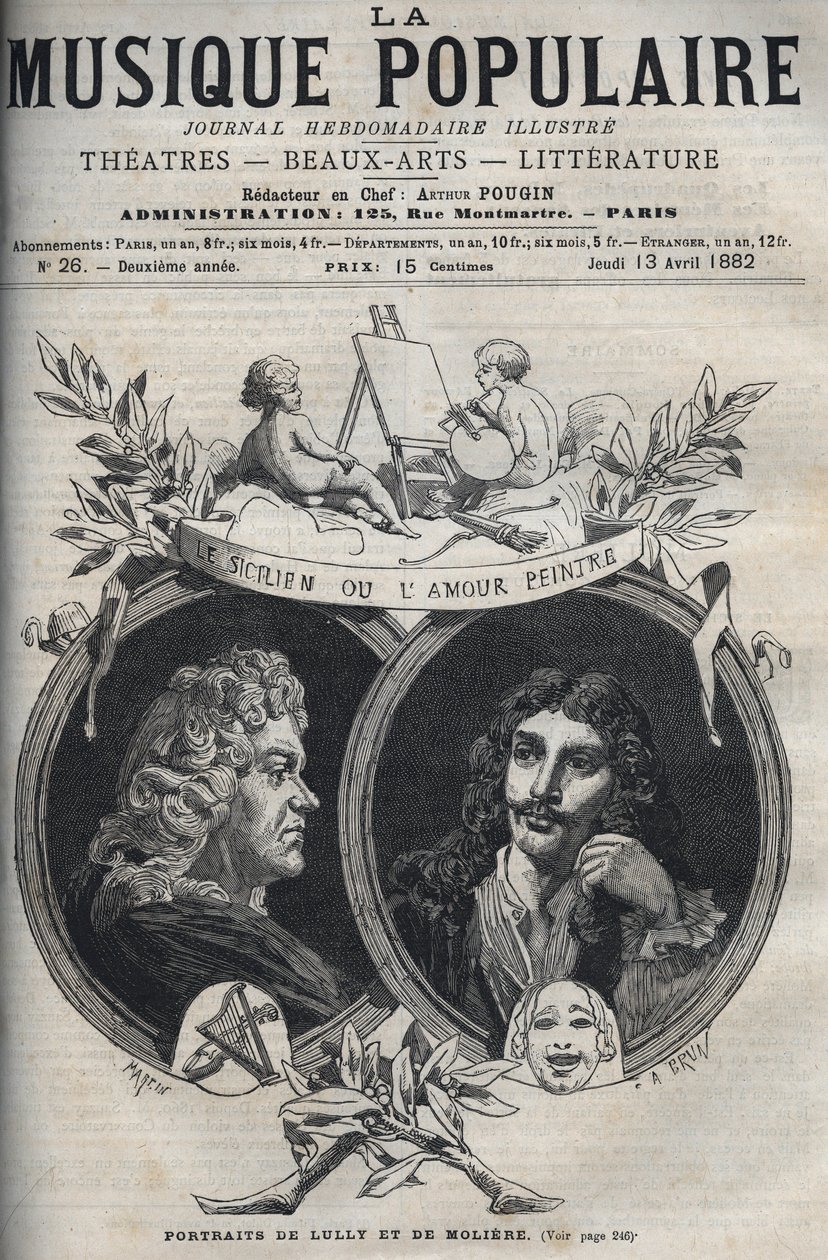 Den sicilianska eller kärleksmålaren - Porträtt av Jean Baptiste Lully (Giovanni Battista Lulli) (1632-1687) och Moliere - gravyr i "" Populärmusik""" illustrerad veckotidning - 1882 av Unknown artist