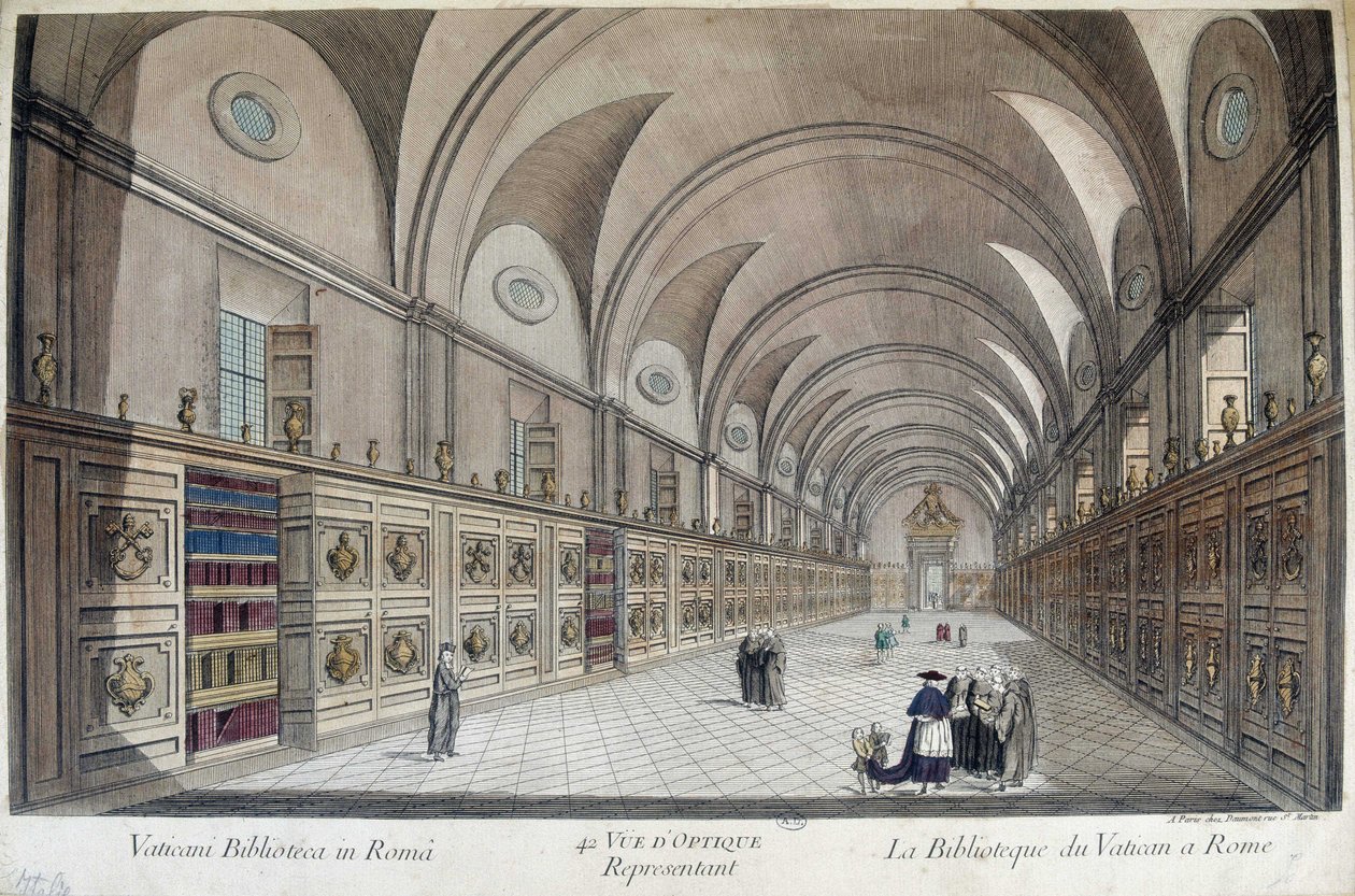 Vatikanens Bibliotheque (Apostolic Bibliotheque) i Rom, gravyr av Unknown artist