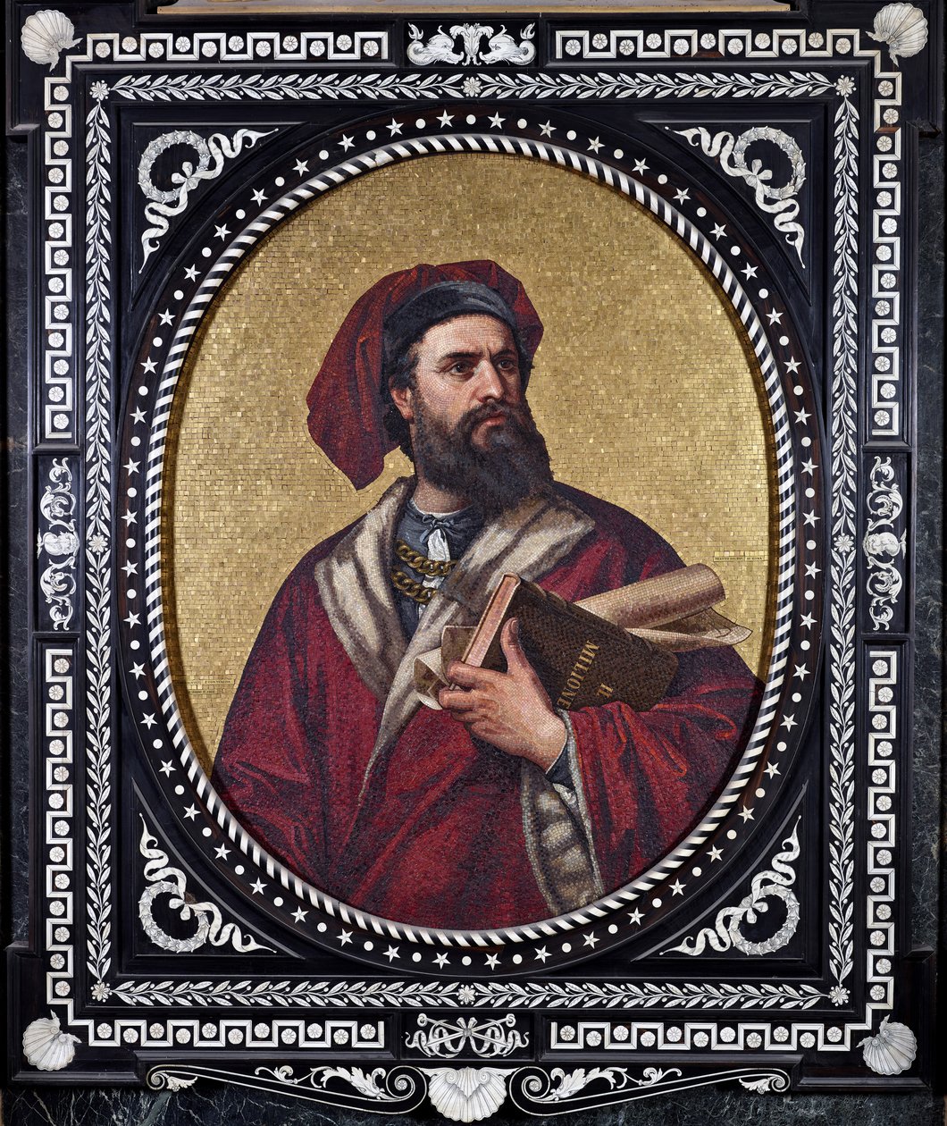 Den venetianske upptäcktsresanden Marco Polo håller verket "The Book of Wonders" under armen och återger sina resor av Unknown artist