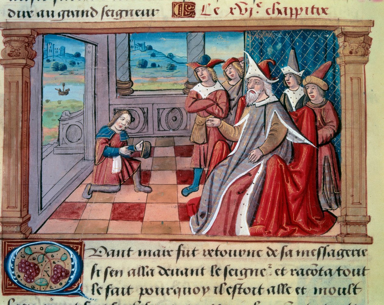 Den venetianske navigatören Marco Polo (1254-1324) framför den store Qubilai (Kubilai Khan, förste kejsare av den mongoliska Yuan-dynastin (1215-1294). världen", "" The Million") av Marco Polo (1254) av Unknown artist