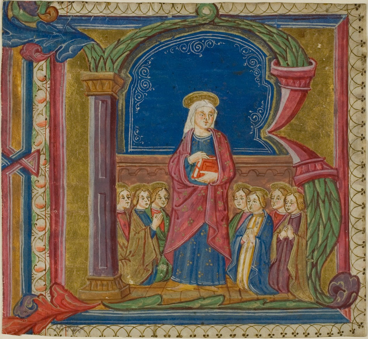 Jungfrun tillbedd av helgon i ett historiserat initialt "R" från en antifonarie av Unknown artist