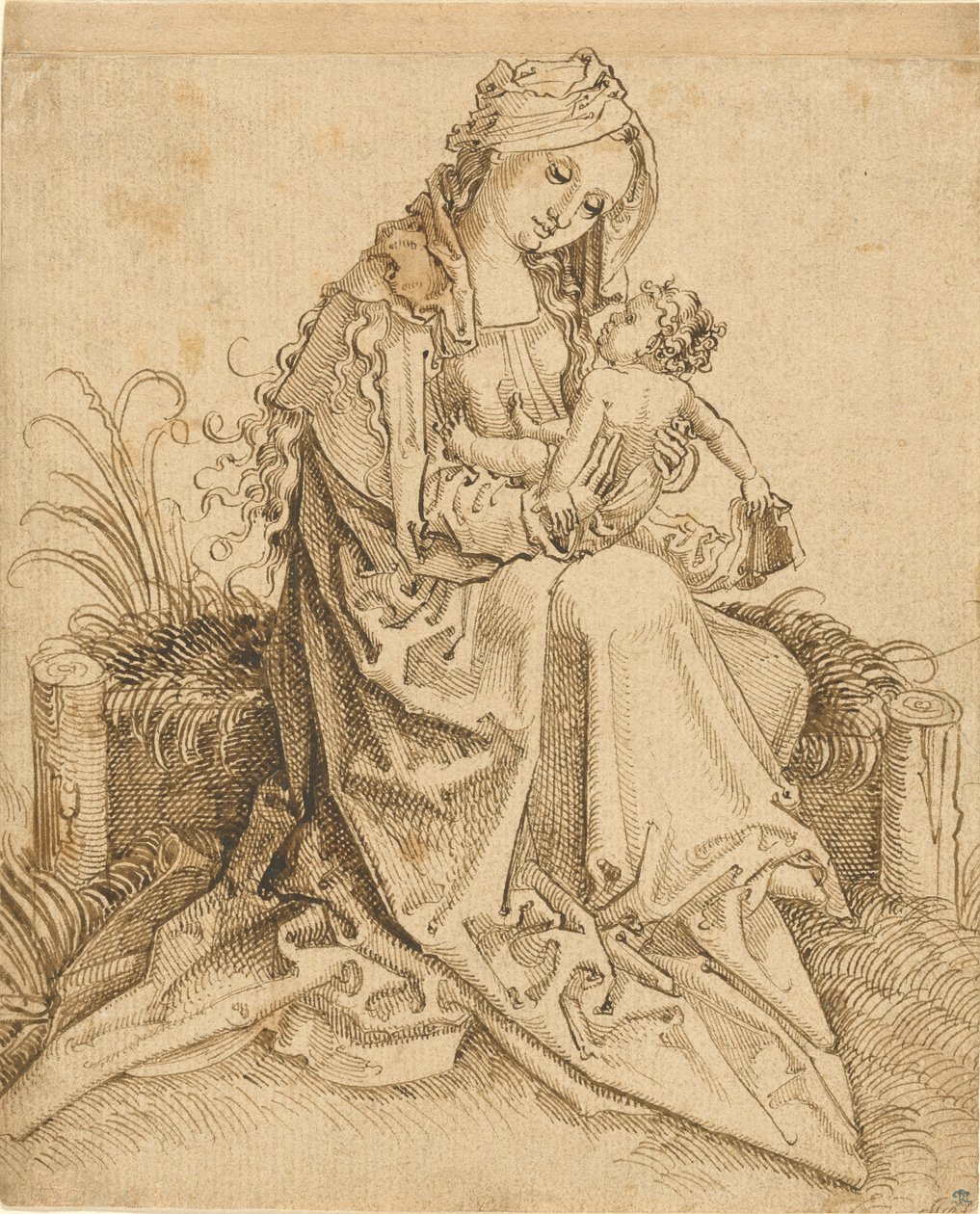 Jungfru Maria med barnet på en gräsbevuxen bänk av Unknown artist