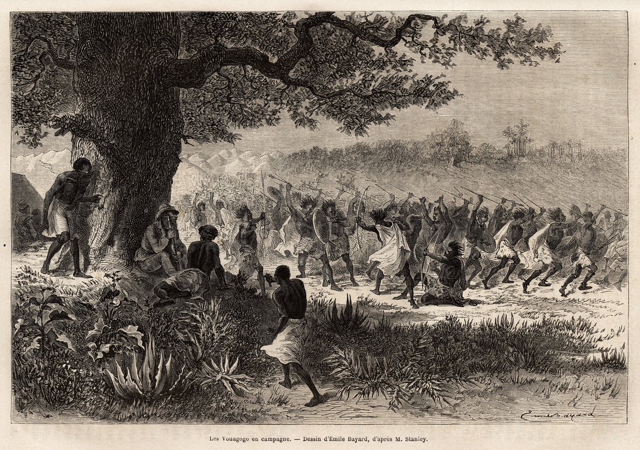 Vouagogo (tanzaniska stam) som förberedelse för krig, under trädet, författaren till berättelsen Henry Morton Stanley (1841-1904). Gravyr för att illustrera resan på jakt efter Livingstone, i centrala Afrika, av Henry Stanley, korrespondent för "New-Y av Unknown artist