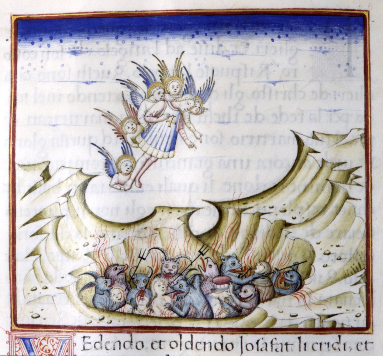 Ängeln tittar på helvetet. 1400-talsmanuskript. av Unknown artist