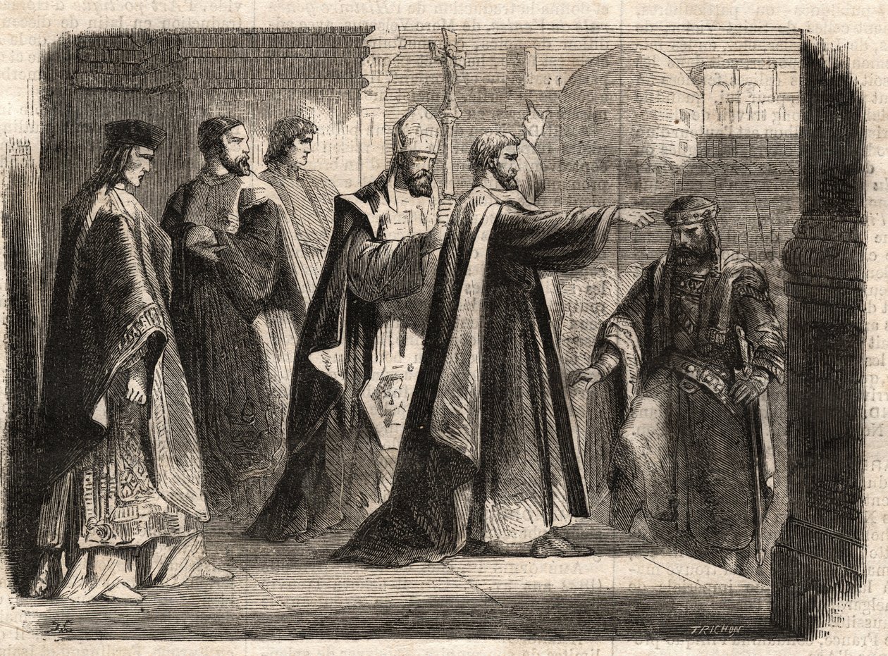 Ärkebiskopen Sankt Ambrosius av Milano (Aurelius Ambrosius, Ambrogio di Milano (340-397) förbjöd inträde av kyrkan till den romerske kejsaren Theodosius I (Flavius Theodosius) (347-395) för att straffa honom för massakern i Thessalonika 390 - Excommunicati av Unknown artist