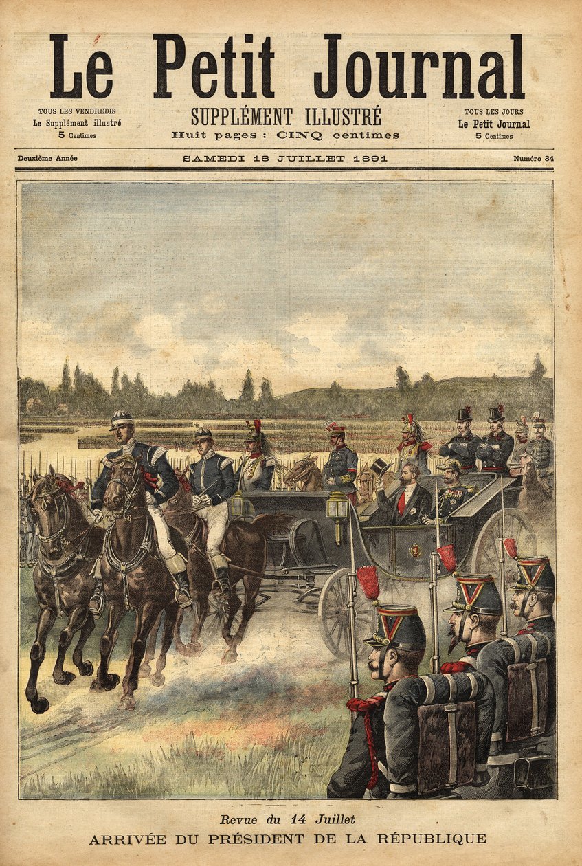 Ankomsten av den franska republikens president Sadi Carnot (1837-1894), på slätten vid Bois de Boulogne, med anledning av tidskriften den 14 juli av Unknown artist