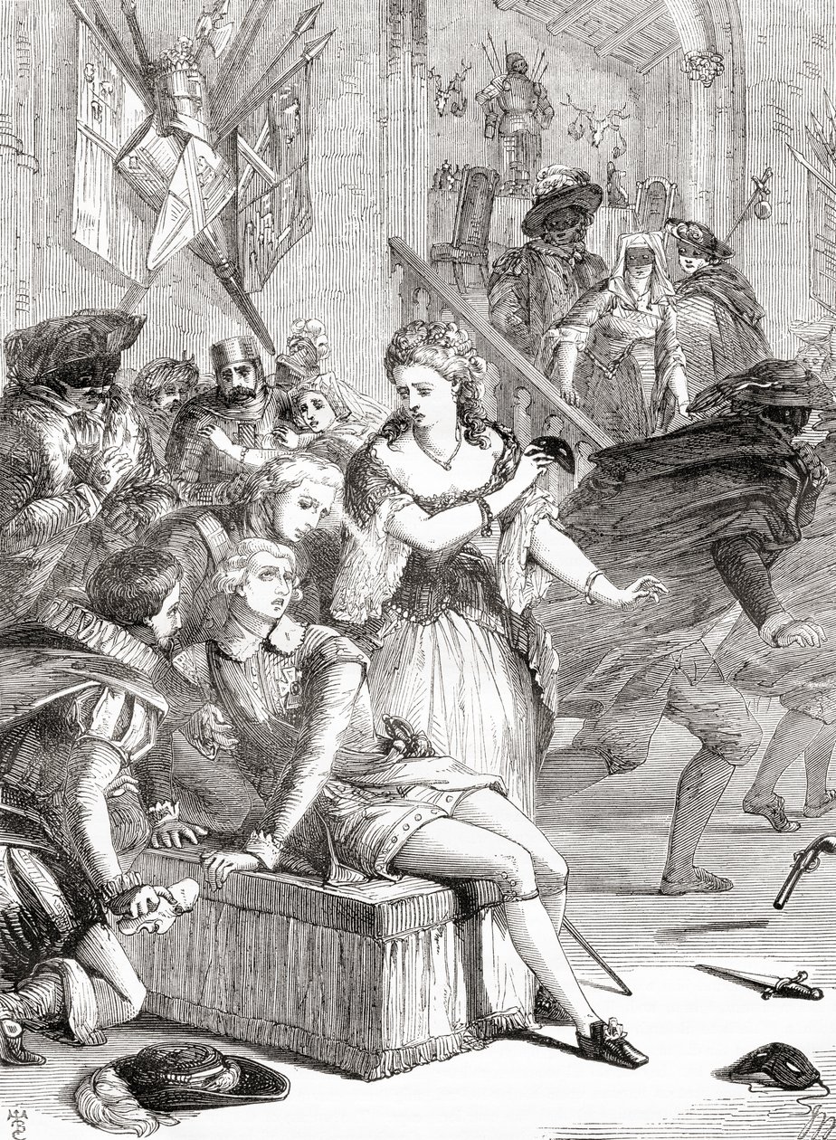 The assassination of Gustavus III by Jackob Johan Anckarström at a masked ball, Stockholm, Sweden,1792 (engraving) av Unknown artist
