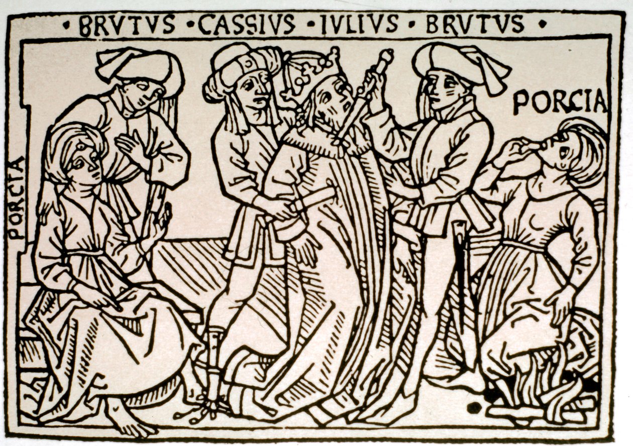 Mordet på Jules Cesar (100-44 f.Kr.): han blir knivhuggen av Brutus och Cassius medan Porcie, Brutus fru försvinner. Xylografi av 1500-talets Rom, Biblioteca Vallicelliana ©Luisa Ricciarini/Leemage av Unknown artist