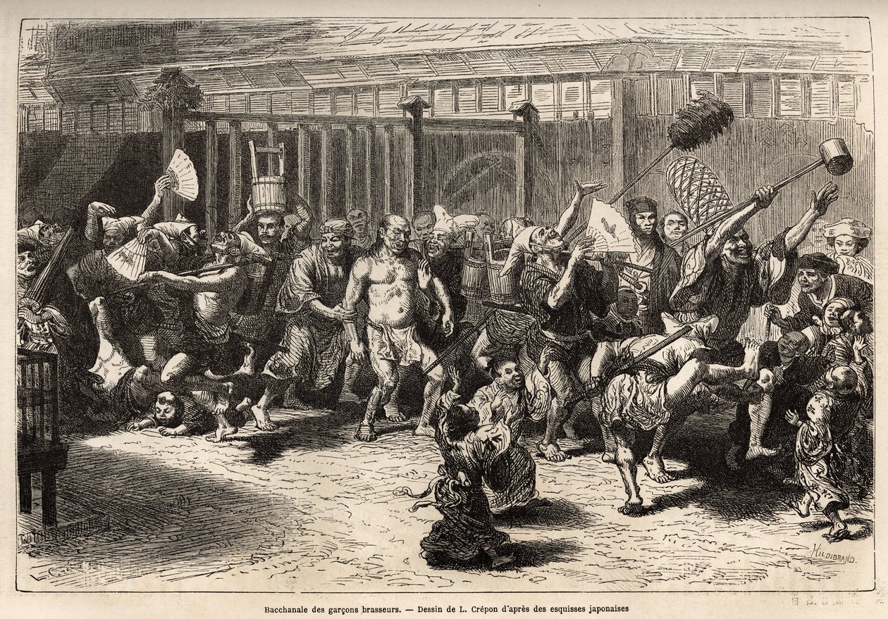 Bryggarnas bacchanal, på nyårsafton, efter att ha fått sin lön och festoye, går de in i en glad och bullrig procession i Edo (dagens Tokyo), utrustade med en enorm sake-vask och en lång dammduk för att trycka upp taket , prinsen av d av Unknown artist