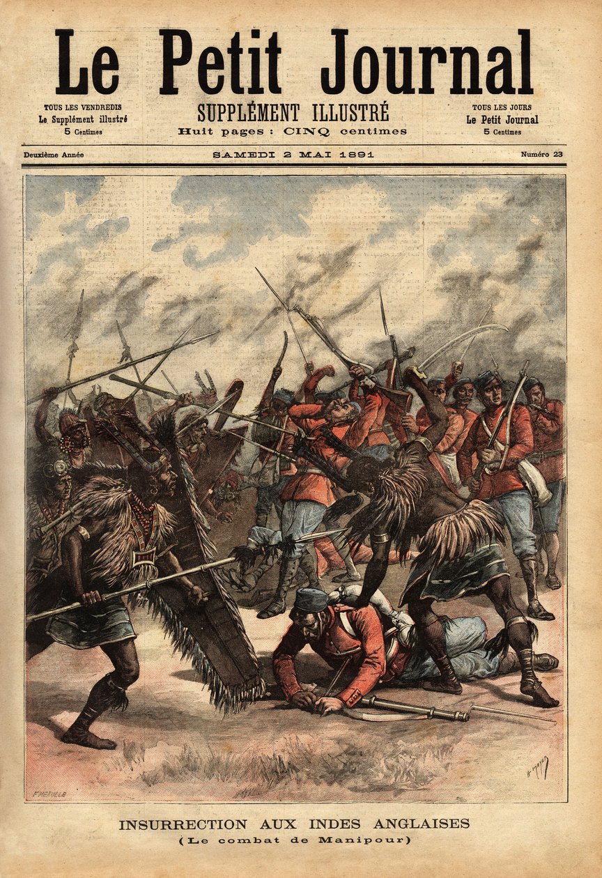 Slaget vid Manipur (eller Manipur) (nordöst om Indien), från 24 till 26 april 1891, där brittiska kolonialstyrkor och rebeller från Maharajah Kullachandra Singh (död i exil 1934), på tronen sedan 1890, misshandlade sin bror Surchandra Singh (regne 1886- av Unknown artist