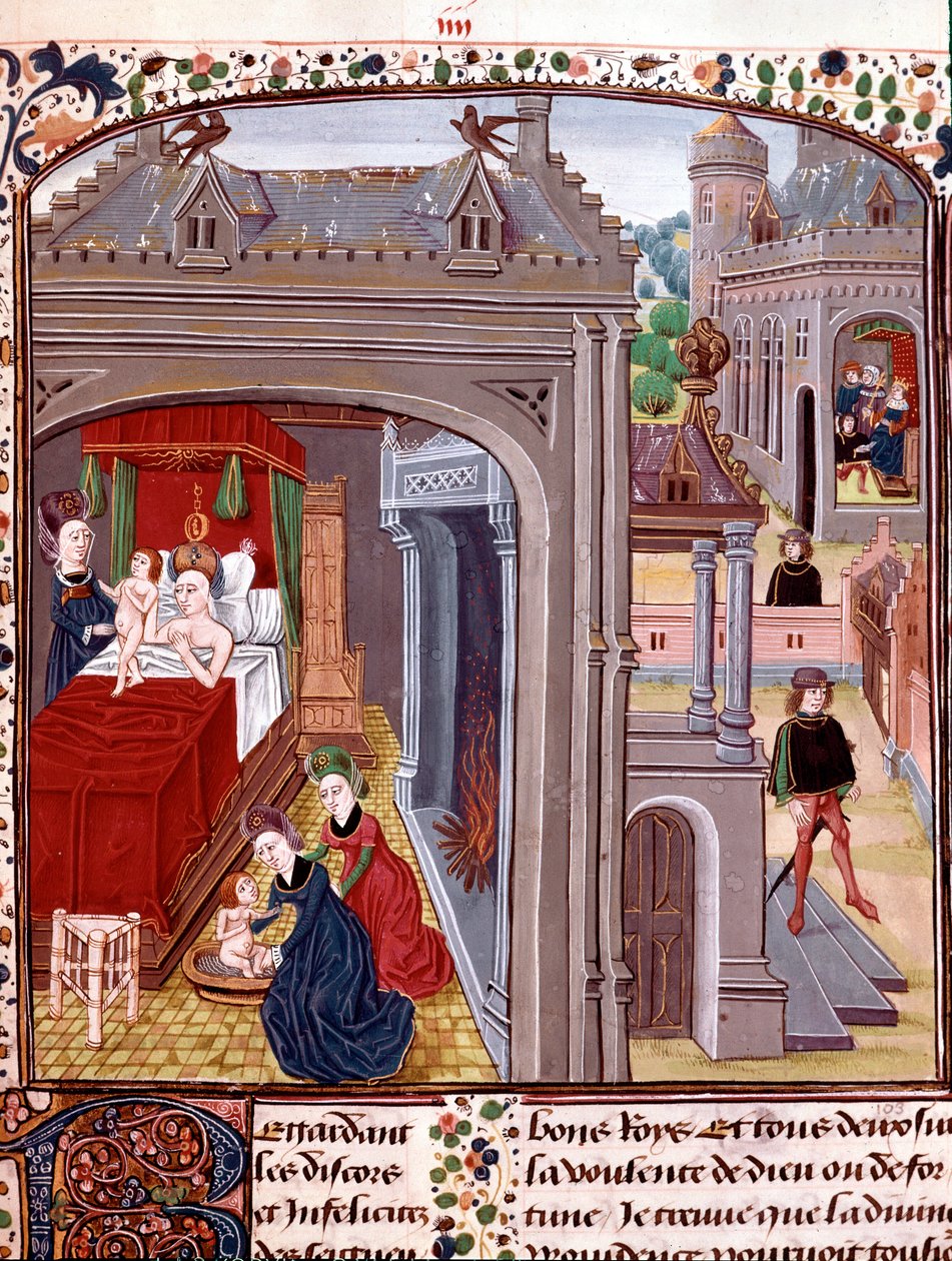 Födelsen av Alexander den store (356-323 f.Kr.), son till Olympias och Nectanebo II Miniature hämtad från "" History of Alexander the Great"" av QuinteCurce (Quintus Curtius Rufus) (1:a århundradet e.Kr.) 1400-talet Chantilly, museum Conde av Unknown artist