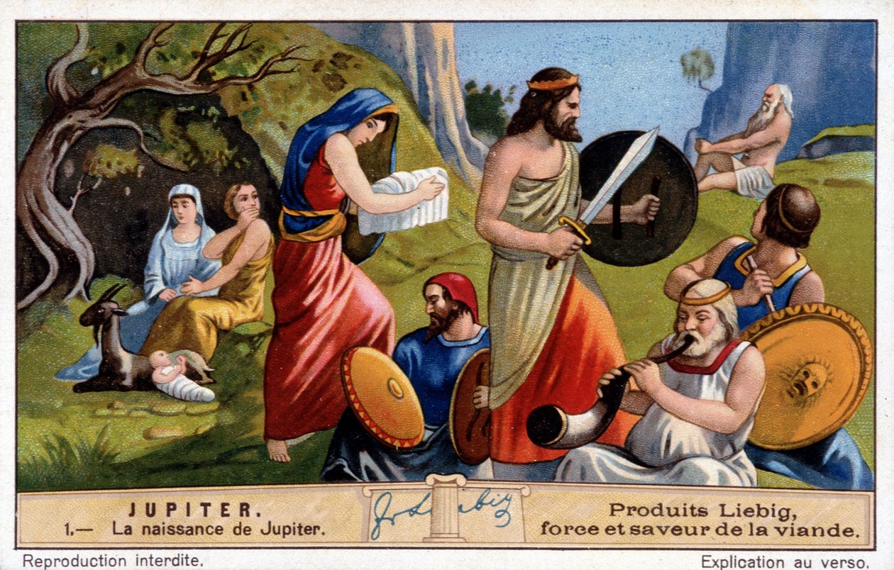 Jupiters födelse, Rhea döljer honom i hemlighet och ger en sten inlindad i linne till Titan Saturn - Liebig kromolitografi av Unknown artist