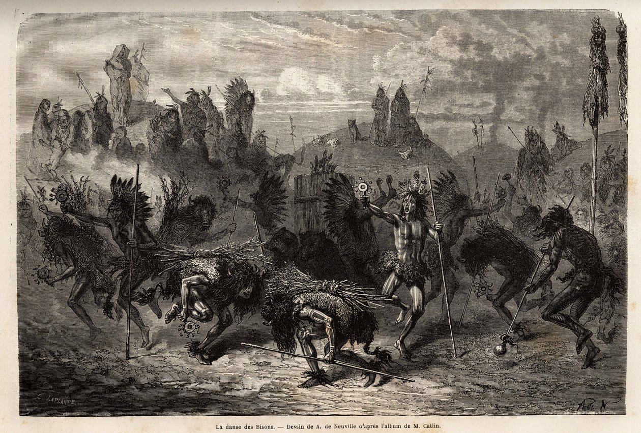 Bisondansen som utförs av krigarna i Mandans indianer (eller noumah ka kie: fasaner) på Missouris vänstra strand. Gravyr för att illustrera en utflykt bland indianstammarna i Colombias och Upper Missouris bassänger, av G. Catlin, 1855, s. av Unknown artist