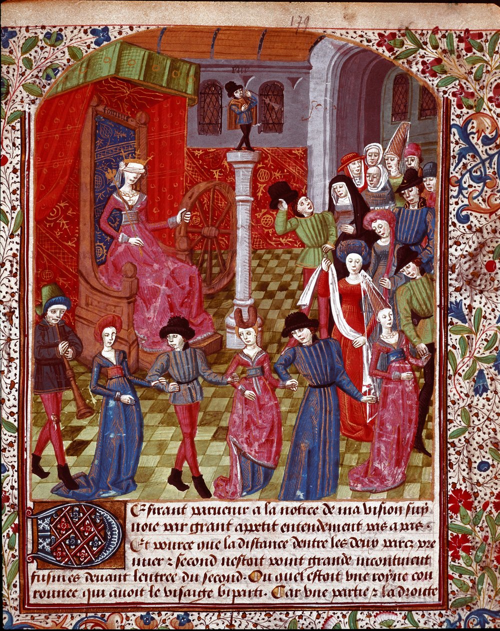 Den blinda förmögenheten som vrider på hjulet, människorna före den är allegorin om öde, lycka och miniatyrmalheur hämtad från "The Tresor of Sapience" (eller "The Treat of the Garden in Love") av Jean Gerson (1363-1429) (ms. 1513, fol. 179 r.) 1400-talet av Unknown artist