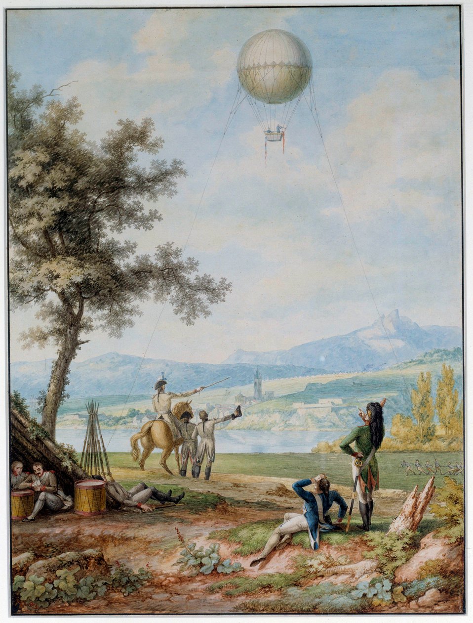 Blockaden av Mainz: fästet omges av den första koalitionens armé den 14/04/1793. En ballong ovanför staden i ett belägringstillstånd som används för militära ändamål. 1700-talstryck. Paris. Flygmuseum av Unknown artist