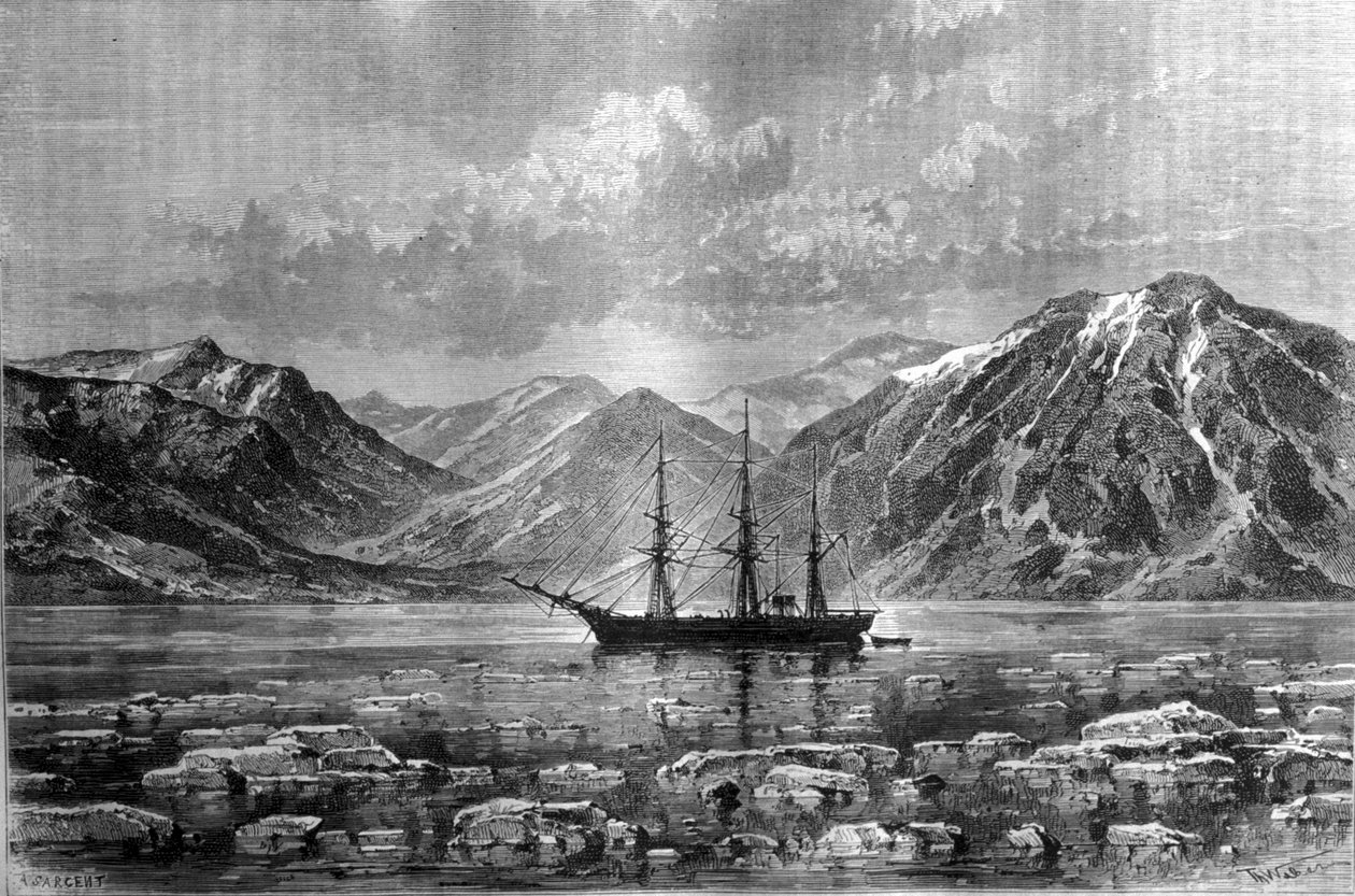 Nils Adolf Eriks (Eric) Baron Nordenskjolds (Nordenskiold) båt (1832-1901), ”” Vega”, vid Konyam- bay. Gravyr omkring 1880. av Unknown artist