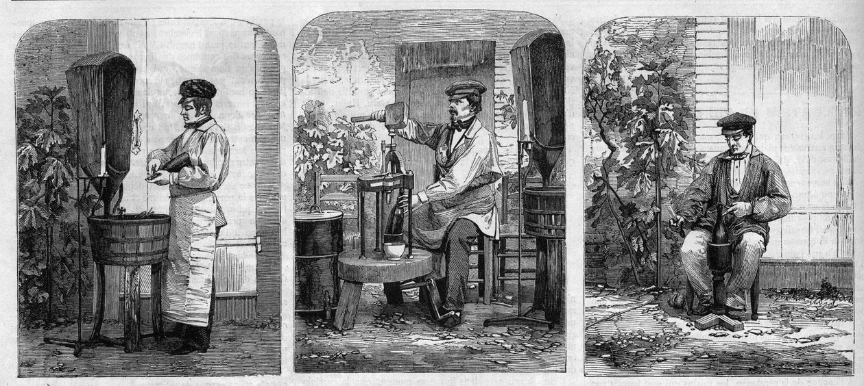 Buteljering av champagnevin. Gravyr från 1864. av Unknown artist