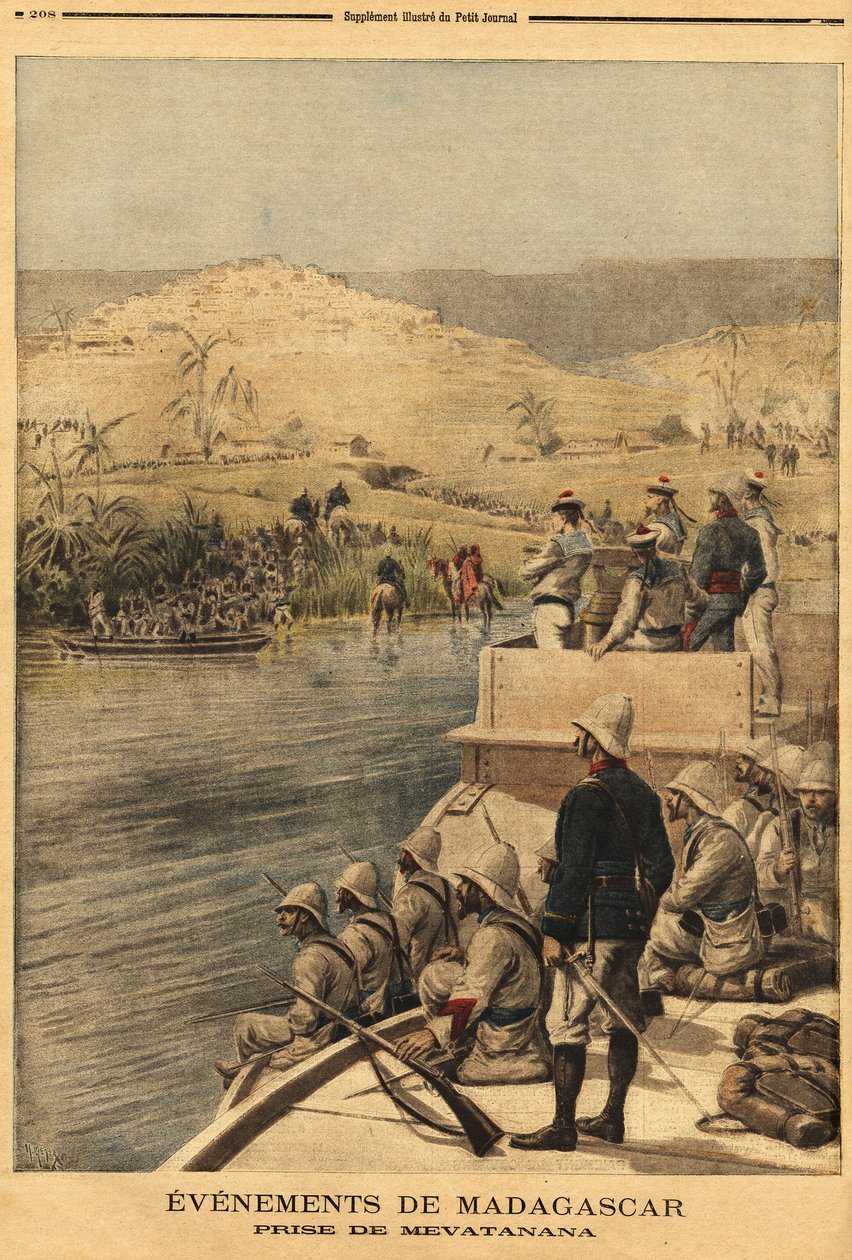 Den franska arméns tillfångatagande av Mevatanana (Madagaskar). Gravyr i "" Le petit journal"" 1895-06-30. Selvas samling. av Unknown artist