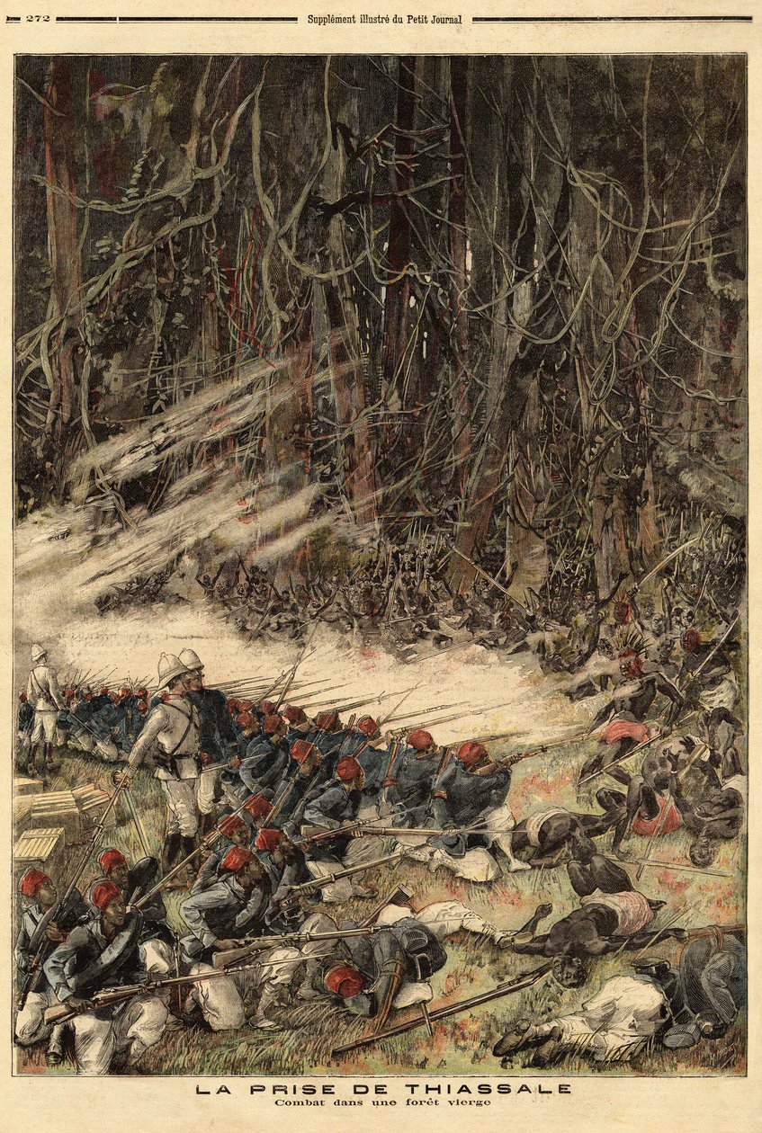 Infångandet av Thiassale (Elfenbenskusten), av kapten Jean Baptiste Marchand (1863-1934), befälhavare för kolonins militära styrkor, med en trupp på 115 man, bekämpade de Baoule-krigarna mellan Bendamafloden och urskogen. Gravyr i "" Le sid av Unknown artist