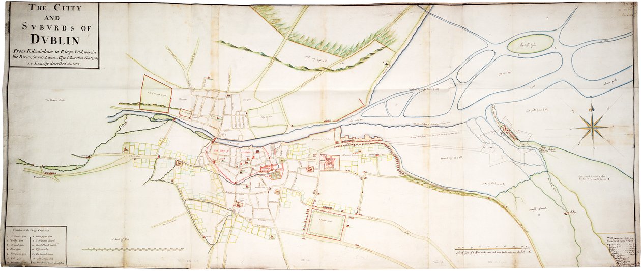 Dublins stad och förorter från Kilmainham till Rings-End, där floder, gator, gränder, alléer, kyrkor, portar c är exakt beskrivna 15th No. 1673 av Unknown artist