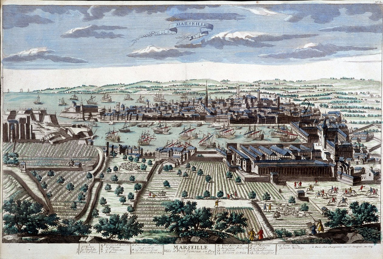 Staden och hamnen i Marseille på 1700-talet - B.N. av Unknown artist