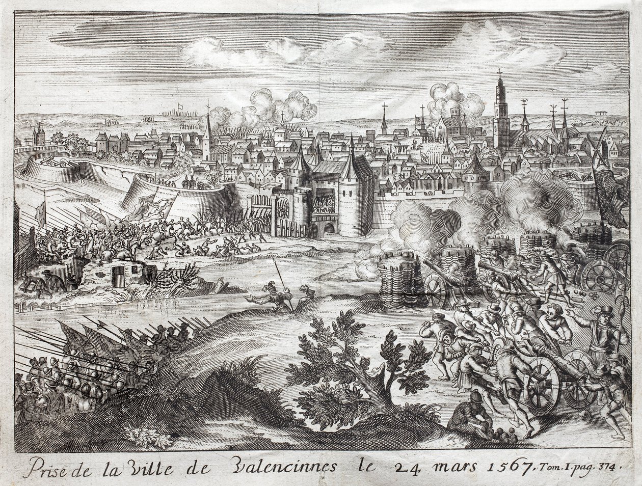 Staden Valenciennes (Frankrike) intogs den 24 mars 1567. Första slaget vid Gueux-revolten (början av 80-åriga kriget (80 år eller 80 år) (Nederländernas revolt) (1568-1648). Gravyr för att illustrera "History of the War of F av Unknown artist