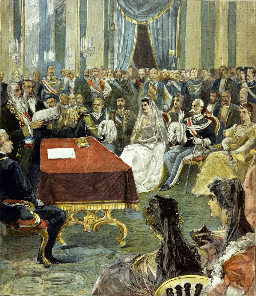 Prinsen av Neapels borgerliga äktenskap - som blev Victor Emmanuel III (Victor Emmanuel) (Vittorio Emanuele) - med prinsessan Helene av Montenegro vid Quirinalpalatset 1896. I mitten kan du se Humbert I (Umberto) till vänster om bruden. av Unknown artist