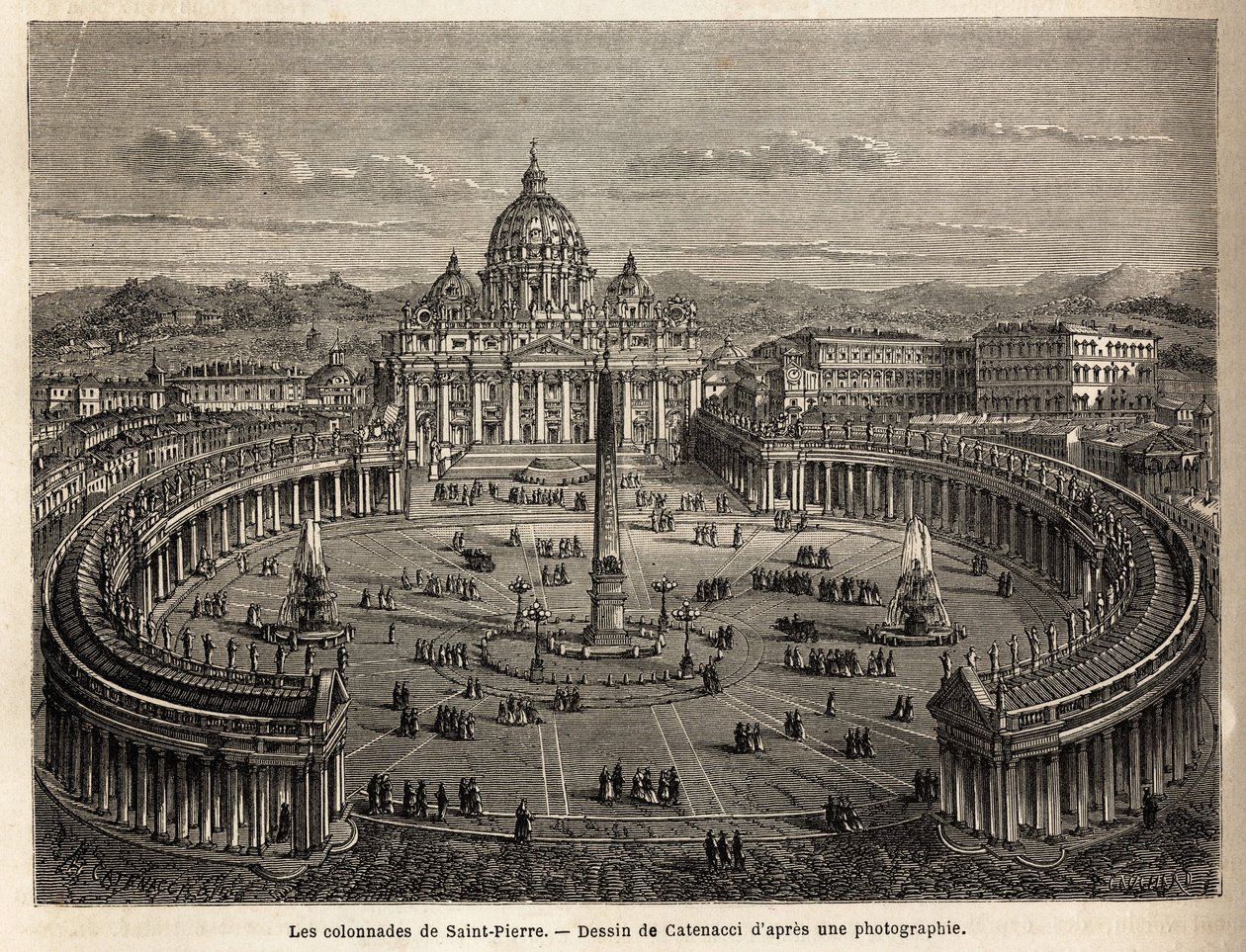 S:t Peters pelargångar i Vatikanen, förde av Bernini (1598-1680) 1655, på ett elliptiskt plan, som blev en vanlig plats för barock- och rokokoarkitektur. Gravyr för att illustrera resan till Rom, av Francis Wey, 1864-1868, publicerar av Unknown artist